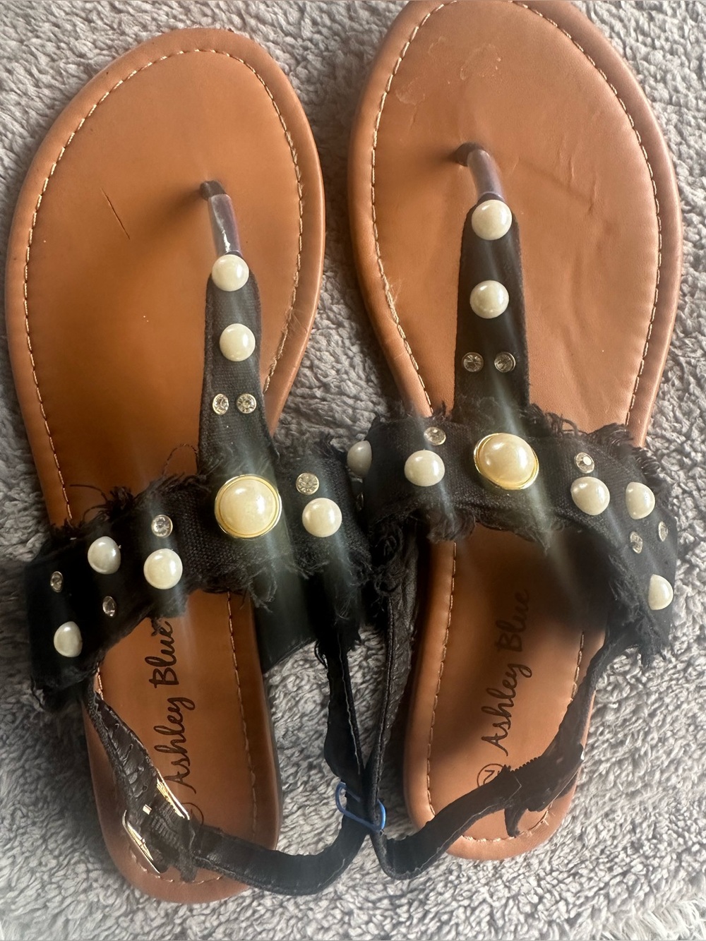 Ashley Blue Black Faux Pearl & Rhinestone Sandals Size: 12